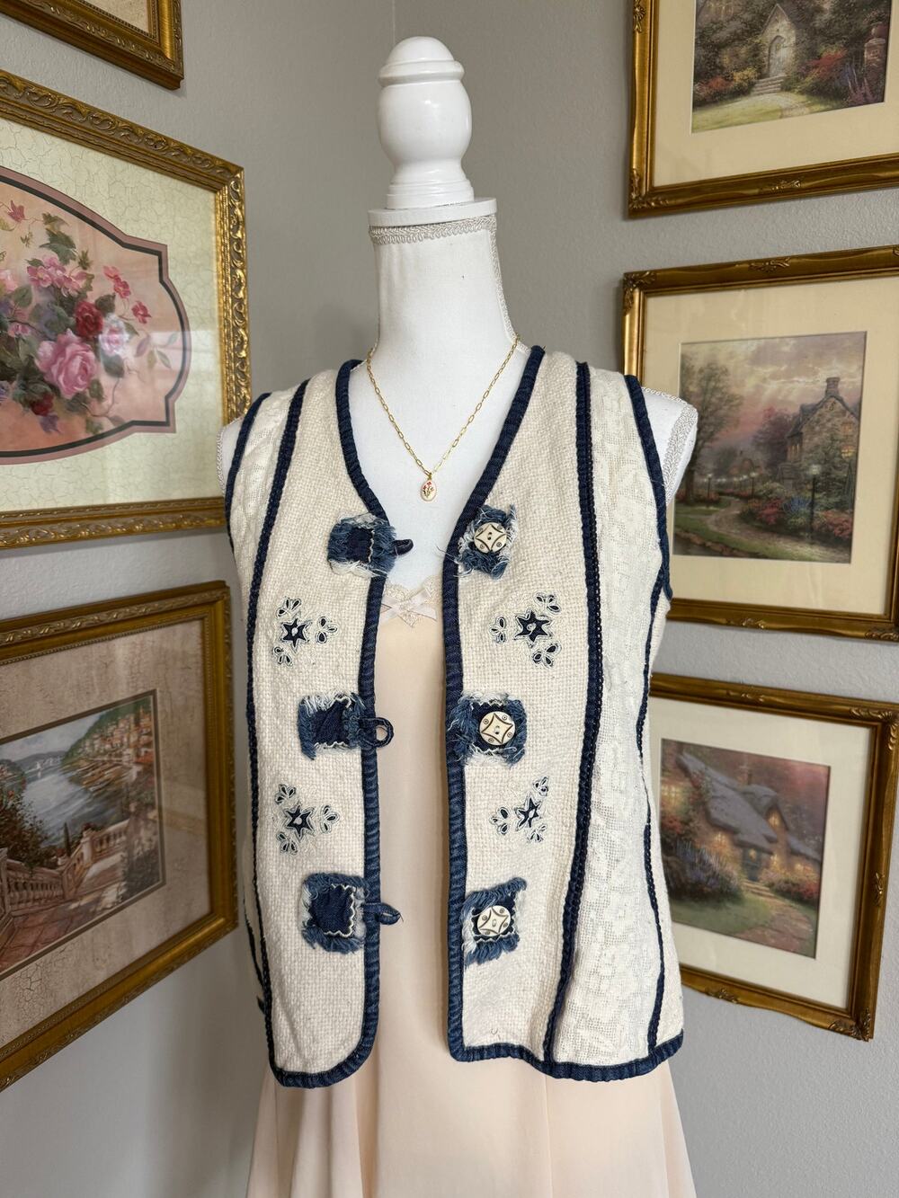 Cream Cotton Vest with Denim Floral Embroidery